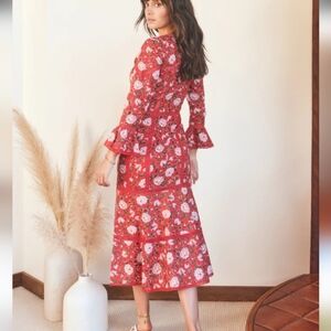 Eddy Tina Fluted Pencil Dress Midi Floral Red Roses Bell Sleeve Sz L